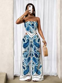 SHEIN BamGlam Bộ 2 món gồm áo croptop không dây in họa tiết Paisley phong cách Bohemian với vạt áo bất đối xứng và quần ống rộng cạp chun, thích hợp cho kỳ nghỉ, đi biển và mặc hàng ngày vào mùa xuân/hè. - Nhiều màu - Xem 6