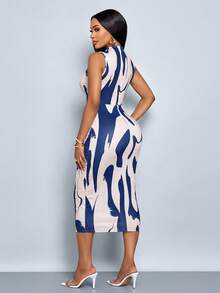 Đầm maxi không tay dáng suông, đơn giản, họa tiết hoa ngẫu nhiên, in họa tiết tie-dye thanh lịch dành cho nữ, có phần xếp ly bên hông, thích hợp cho các buổi hẹn hò và tiệc tùng. - Màu xanh hải quân - Xem 2
