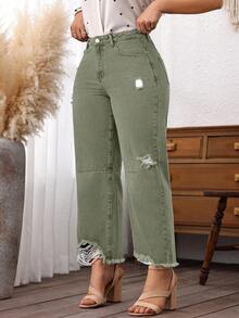 EMERY ROSE Plus Size Women Cowgirl Blue Inelastic Distressed Frayed Hem Loose Cropped Jeans, Rodeo Outfits For Women - Army Green - View 3