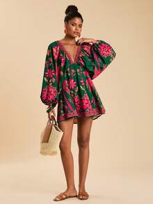 Travachic Vestido mini de gasa con cuello en V y estampado para mujeres, primavera/verano vacaciones - Multicolor - Ver 6