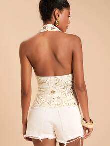 Travachic Women's Sequin Decor Halter Neck Camisole - Beige - View 2