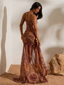 Opulessa Spring & Summer Vacation Knit Mesh Printed Maxi Slip Dress For Women - Brown - View 2