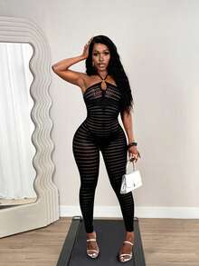 BamGleam Women's Sexy Hollow Out Mesh Sleeveless Strapless Backless Jumpsuit - Black - View 6