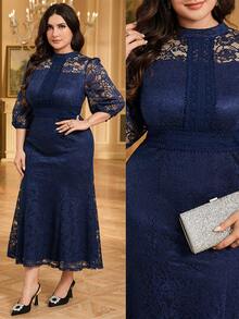Modelyn Plus Size Women Lace Piecing Fishtail Hem Elegant Dress - Navy Blue - View 5