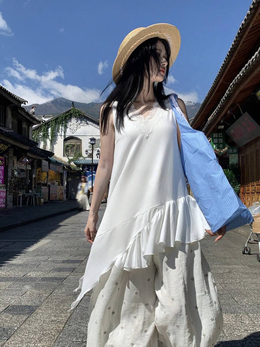 Chaleco/chaqueta de verano casual para mujer con volantes asimétricos y encaje de contraste para vacaciones - Blanco - Ver 1