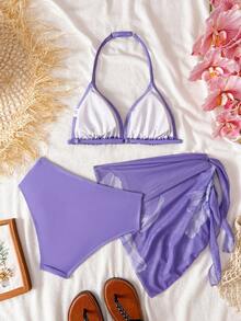 SHEIN Bộ bikini 3 mảnh dành cho thiếu nữ, áo tam giác buộc dây cổ màu đen họa tiết hoa, quần tam giác và khăn quấn, đồ bơi thời trang, thanh lịch, phù hợp cho bơi lội, kỳ nghỉ hè. - Màu tím - Xem 2