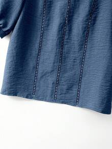 Franclia 2026 New Summer Women's Shirt, Orange Color Block Petal Sleeve Loose Casual Blouse, Lace Trim Dye Splice Holiday Vacation Lazy Style Round Neck Short Sleeve Shirt - Blue - View 4