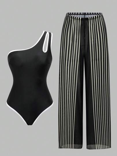 Swim Oasis 2026 Spring/Summer New Black & White Contrast Trim Hollow Striped Pattern Women's Jumpsuit With Detachable Straps, Fashionable Slimming Cute Elegant Sexy Casual Rock Y2K Style For Beach, Party, Music Festival, Night Club