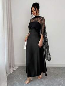 Elenzga Elegant Black Fall Winter Lace Patchwork Halter A-Line Maxi Dress,Ruffle Hem Front Fish Bone Line Divider Long Trailing,Party Holiday Dress - Black - View 5