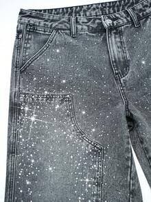 GALLERY FADE Quần short denim ống rộng rách rưới đính đá lấp lánh, phong cách đường phố dành cho nam giới. - Màu xám đen - Xem 3