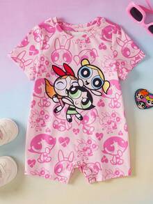 THE POWERPUFF GIRLS X SHEIN Áo liền quần tay ngắn cổ tròn in hình hoạt hình cho bé gái sơ sinh/trẻ nhỏ - Màu Hồng baby - Xem 1
