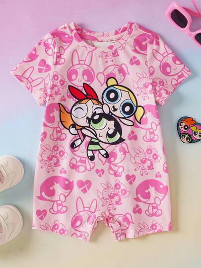 THE POWERPUFF GIRLS X SHEIN Áo liền quần tay ngắn cổ tròn in hình hoạt hình cho bé gái sơ sinh/trẻ nhỏ