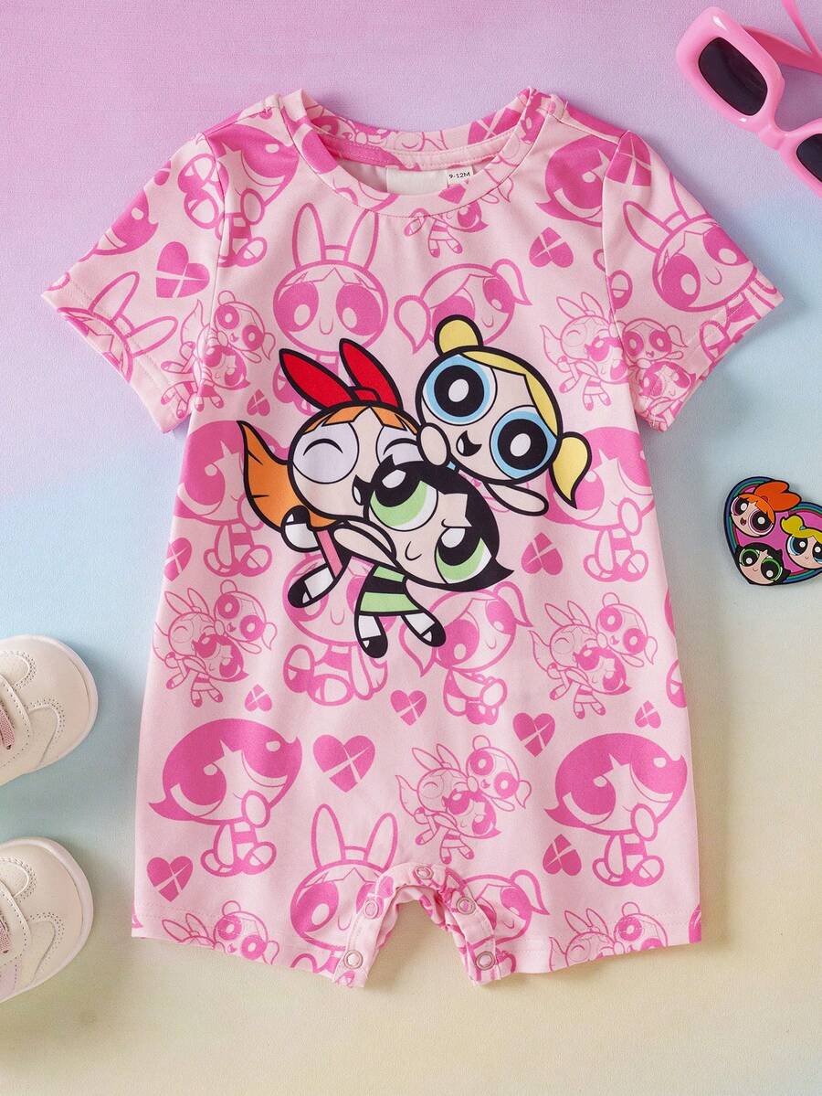 THE POWERPUFF GIRLS X SHEIN Áo liền quần tay ngắn cổ tròn in hình hoạt hình cho bé gái sơ sinh/trẻ nhỏ - Màu Hồng baby - Xem 1