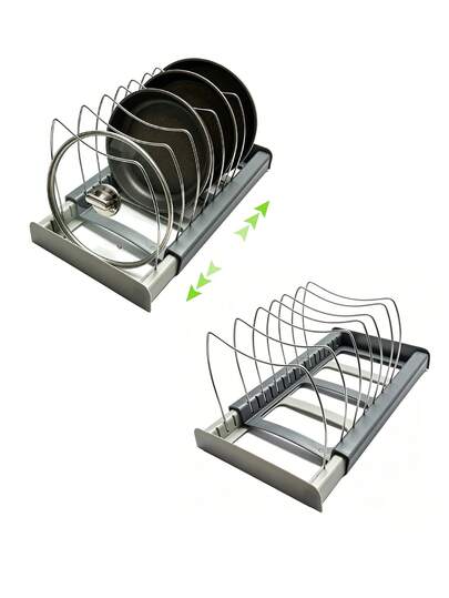 Scalable Cookware Storage Rack, Kitchen Cabinet Lid Storage Rack, Drawer Style Expandable Kitchenware Storage Rack, Saves Space, With 7 Adjustable Compartments, Can Store Pot Lids, Tableware, Kitchen Utensils, Drawer Style Storage Rack, Pot Lid Storage Rack, Pot Rack, Suitable For Home, Kitchen, Dining Room