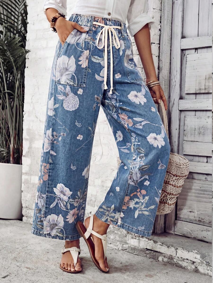 Breezaya Quần jeans nữ ống rộng dáng suông, thắt eo bằng dây rút, in họa tiết hoa. - Màu xanh lam - Xem 1