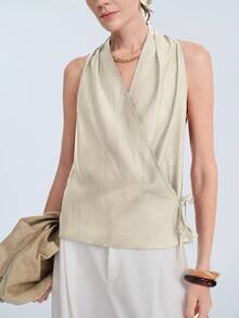 Aalyst Damen Frühling/Sommer Französisch eleganter Luxus minimalistisches Design Lässig Boho Urlaubs-/Büromode Vintage komfortables einfarbiges Leinen Tencel Stoff Kreuzausschnitt geraffter Seitenbindung ärmellos kurzes Hemd - Aprikosenfarben - Übersicht 7