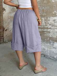 POPSWAY Elegant Fashion Design Cuffed Hem 3/4 Pants, High Waist Wide Leg Loose Slimming Versatile Casual Pants For Spring, Summer Beach Vacation Light Purple - Dusty Purple - View 2