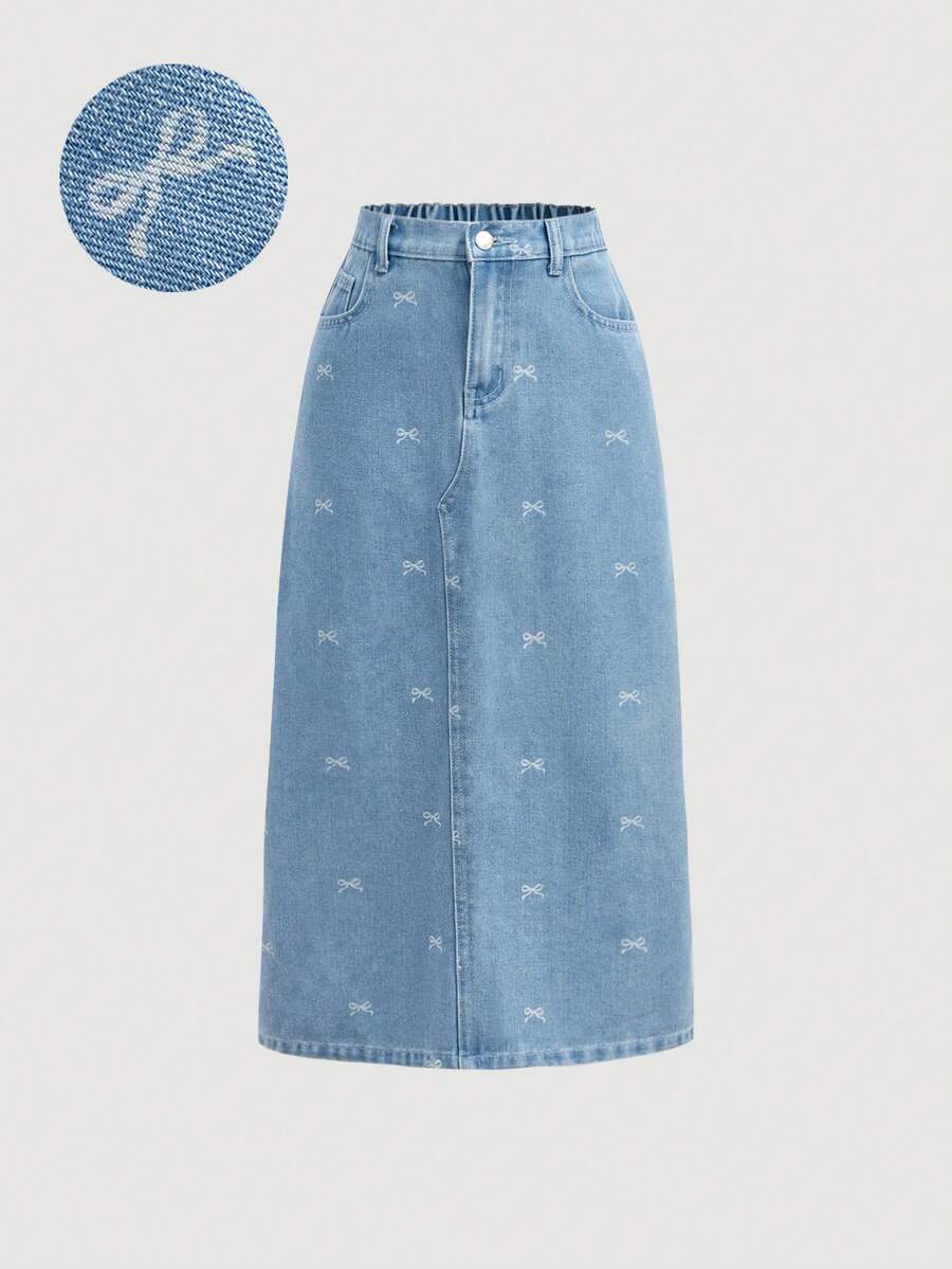 Girlism 少女款蓝色牛仔裙，饰有白色蝴蝶结图案 - 淺色水洗藍 - 查看 1