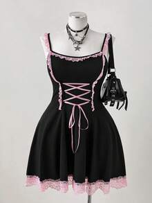 Sunspun Plus Size Spaghetti Strap Floral Trim A-Line Dress - Black - View 8