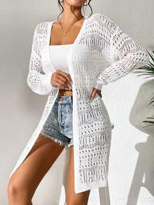 SHEIN Swim 女士纯色休闲度假沙滩和服罩衫 - 杏色 - 查看 6