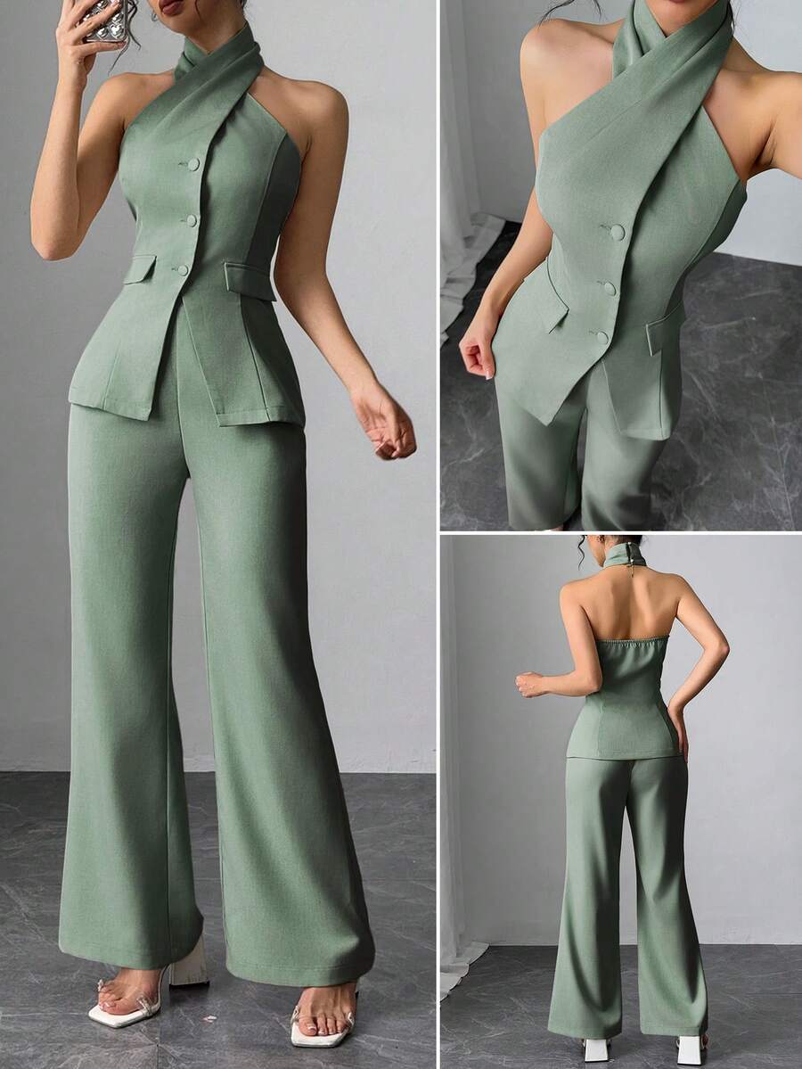 Modelyn Set de 2 piezas para mujer de top halter con botones delanteros y espalda descubierta, y pantalones largos, para el verano