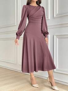 Modelyn Women's Solid Color Round Neck Lantern Sleeve Pleated Elegant Mid-Length Dress Long Evening Dresses - Dusty Pink - View 6