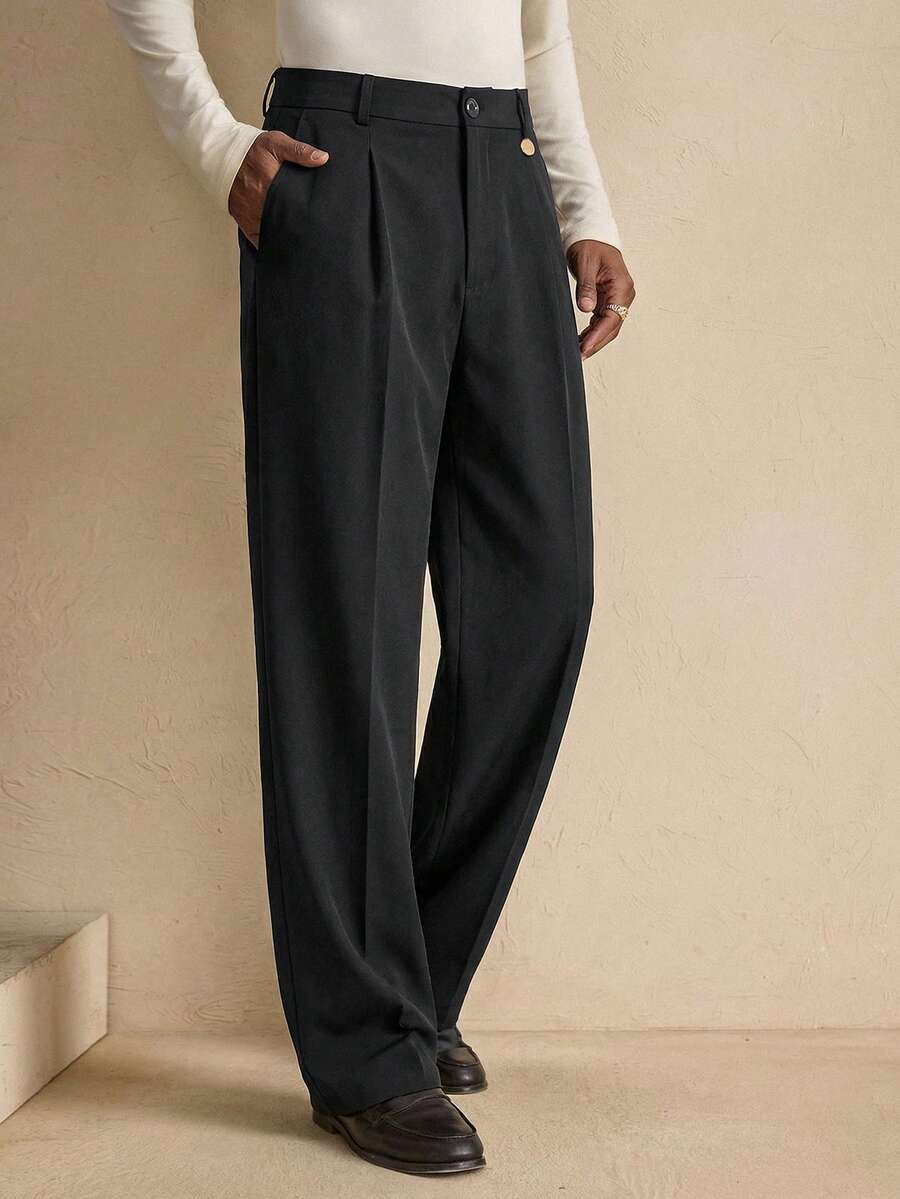 AKNOTIC Men's Casual Everyday Commute Minimalist Versatile Black Polyester-Nylon Pleated Loose Straight Leg Pants - Black - View 1