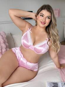 PetitDoll 2件套加大码甜美系列缎面拼接花卉蕾丝蝴蝶结装饰钢圈文胸套装 - 粉色 - 查看 6