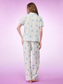Notgurli Star Striped Casual Lapel Cardigan Women Pajama Set - Blue - View 2