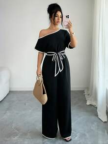 Rafferiza Casual Vacation Asymmetric Neck Textured Soft Elastic Waist Comfortable Flared Leg Pants, Khaki, Spring/Summer - Black and White - View 4