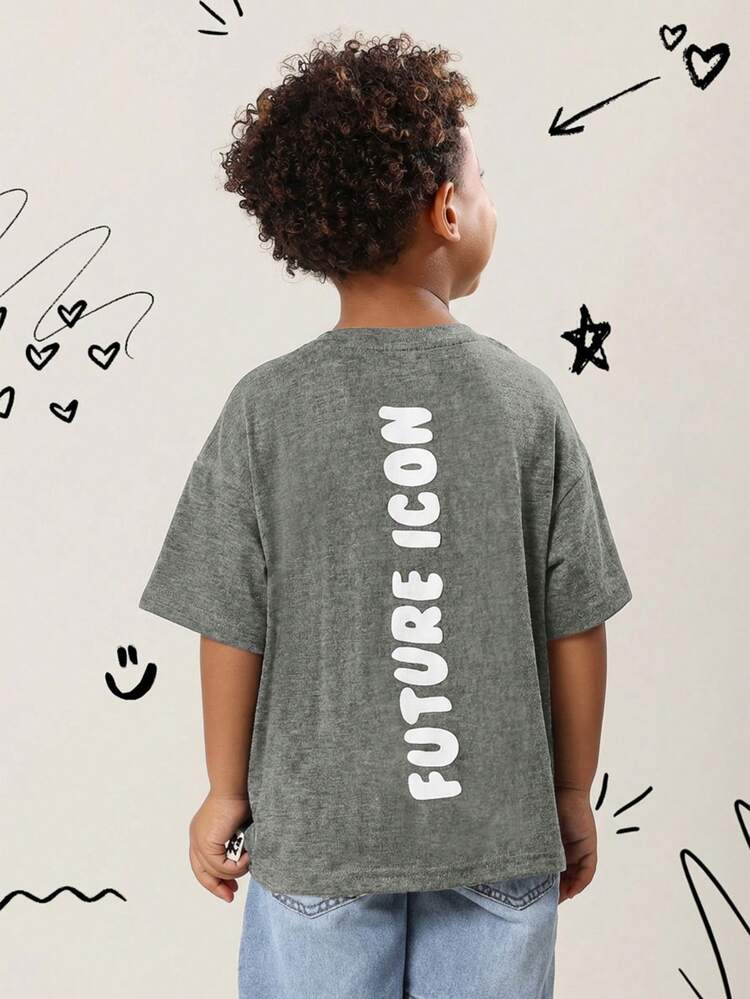 Camiseta Casual de Manga Curta com Texto Impresso "Future Icon" para Meninos, Conforto Diário