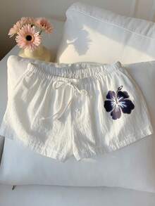 Comfortcana Quần short cotton dáng rộng, thoải mái, họa tiết hoa dâm bụt, có dây rút, thích hợp để phối cùng bikini đi biển mùa hè. - trắng - Xem 9