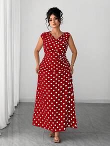 Elenzga Plus Size Women Summer Burgundy Autumn Elegant 1950s Vintage Wedding Polka Dot Dress, Oblique Collar French Retro Pleated Slim Fit Stylish Party - Red - View 3