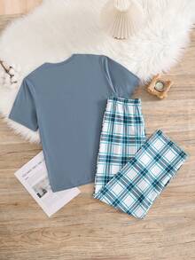 Set de 2 piezas: Pantalones a cuadros estilo caballero y top de manga corta con estampado numérico, conjunto casual para niños adolescentes - Gris Oscuro - Ver 2