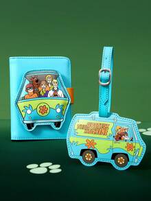 SCOOBY-DOO X SHEIN 1/1 Set Of PU Leather Cartoon Character Pattern Printed Passport Holder And Luggage Tag, Can Store Passports, Boarding Passes, Including Two Card Slots, Suitable For Men, Women, Teenagers, Suitable For Travel, Adventure, Adventure Vehicles - Blue - View 1