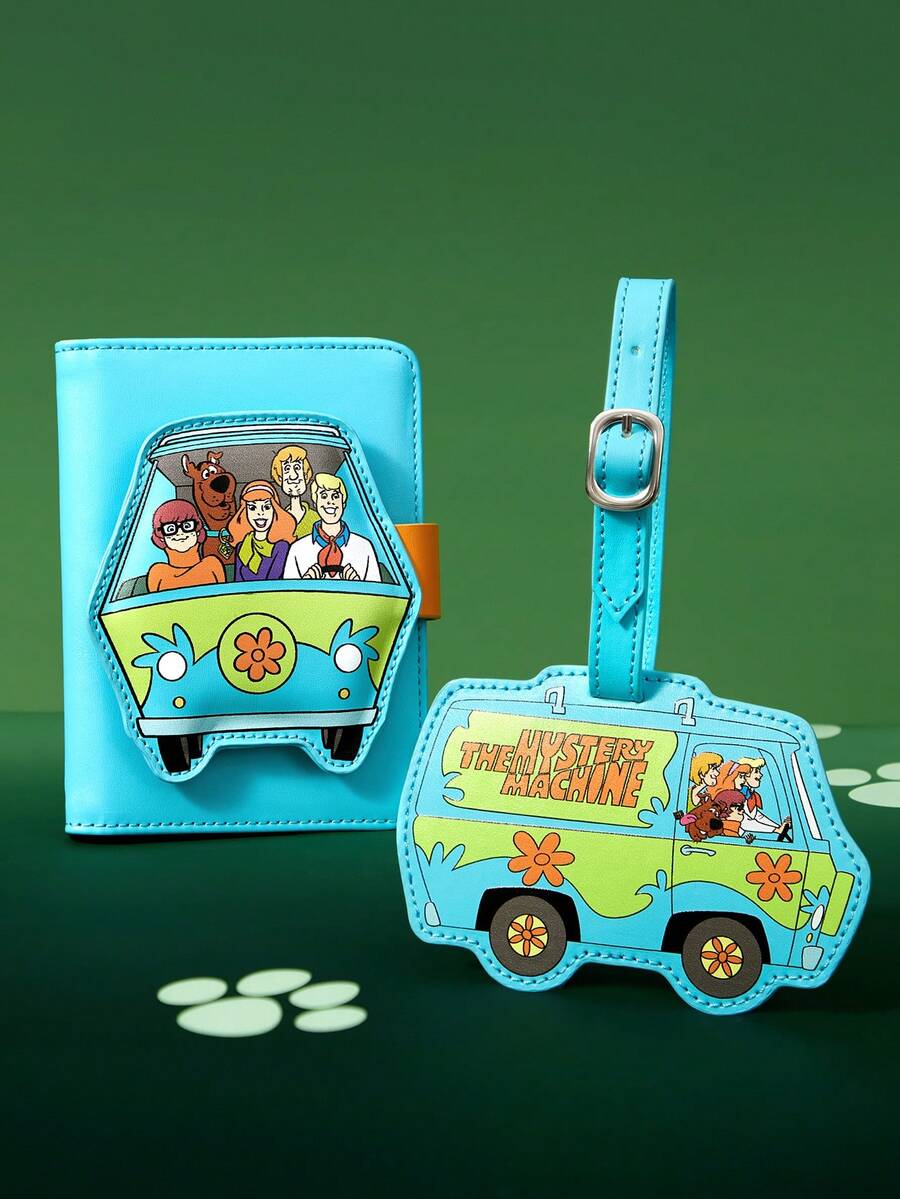 SCOOBY-DOO X SHEIN 1/1 Set Of PU Leather Cartoon Character Pattern Printed Passport Holder And Luggage Tag, Can Store Passports, Boarding Passes, Including Two Card Slots, Suitable For Men, Women, Teenagers, Suitable For Travel, Adventure, Adventure Vehicles - Blue - View 1