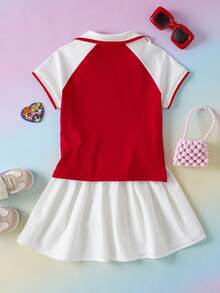 THE POWERPUFF GIRLS X SHEIN Young Girl' Colorblock Print Short Sleeve T-Shirt And Shorts Set - Red and White - View 2