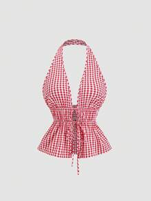 Sweetra 女士格子露背系带褶皱上衣和裤子休闲日常套装 - 紅色 - 查看 6