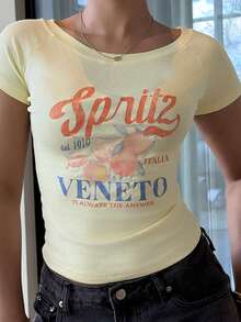 leahseptember Women's Summer Slim Fit Asymmetrical Shoulder T-Shirt, Cocktail Orange Italian Beach VENETO Basic Off Shoulder Top Tee - Yellow - View 6