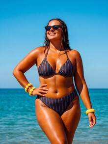 Swim Vcay 2026 Spring New Plus Size Women's Striped Print Khaki Halter Tie-Up High Waist Bikini Two Pieces Swimwear - Coffee Brown - View 3