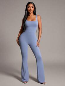 Radiana Tall Women's Backless Sleeveless Flare Jumpsuit, Hazy Blue - Dusty Blue - View 3