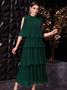 Modelyn Women's Solid Color Stand Collar Sleeveless Pleated Simple Casual Long Dress - Dark Green - View 7