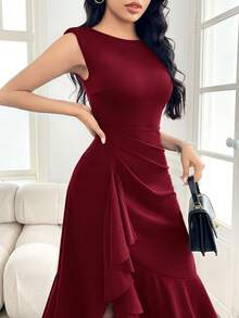 Modelyn Women's Solid Color Round Neck Ruffle Hem Pleated Elegant Dress - Burgundy - View 4