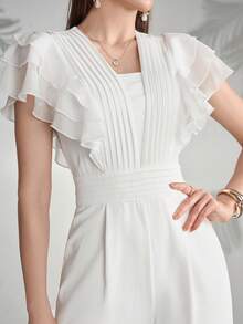 Modelyn Macacão Casual Feminino Plissado com Babados de Cor Sólida - Branco - Ver 8