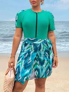 Swim Mulvari Bộ đồ bơi liền thân cỡ lớn 3 món dành cho nữ, gồm quần short và váy lưới in họa tiết, kiểu dáng kín đáo theo phong cách Trung Đông. - Màu xanh Bạc hà - Xem 3