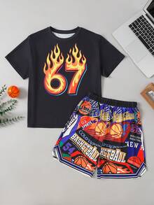 SHEIN 青少年男孩 67# 火焰篮球服两件套，宽松涂鸦印花短袖T恤和短裤，轻便运动套装，适合夏季街头篮球和世界杯。 - 彩色 - 查看 2
