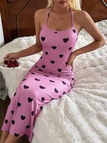 Livesso Women's Sexy Full Heart Print Backless Tie Strap Fitted Camisole Nightgown, Summer Pajamas - Pink - View 4