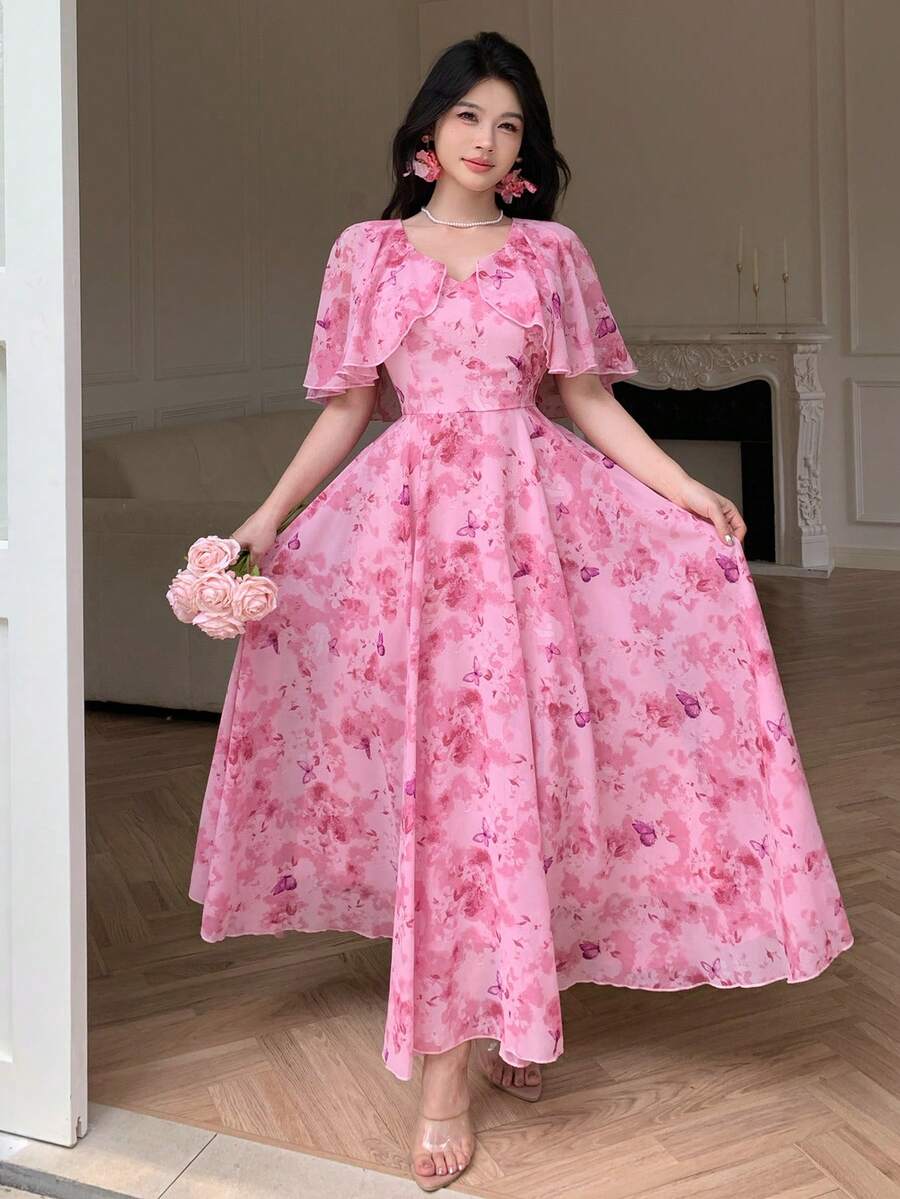 Modelyn 女士V领斗篷式收腰飘逸印花雪纺连衣裙 - 粉色 - 查看 1