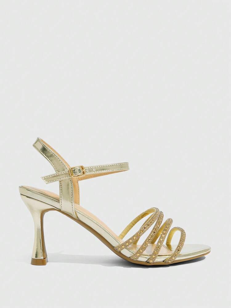 CUCCOO SZL Women Shoes Summer New Round Toe Thin High Heel Gold Rhinestone Strip With Ankle Strap Fashion Sexy Party Banquet Women's High Heel Sandals Open Toe Fashion Women's Sandals