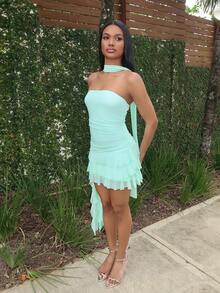 Natali Santanap Summer Ladies Elegant Solid Color Asymmetrical Ruffle Dress - Mint Green - View 6